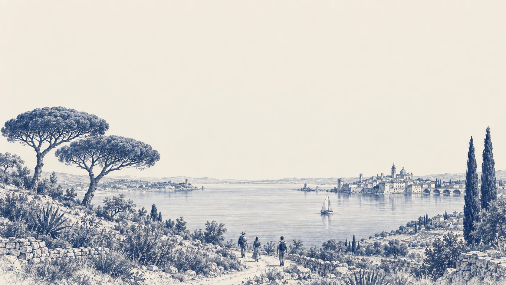 The atlas's estuary by night, drawn in pale ink: a distant city, a small sailing boat and three travellers on the path home.